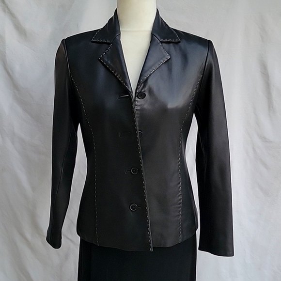 Black Leather Jacket By Petite Sofisticate in size SP. - Picture 1 of 8